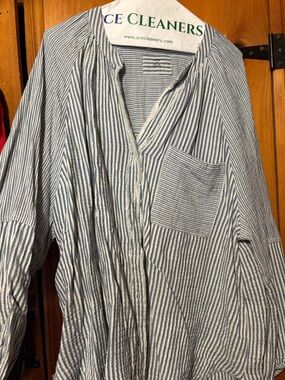 Striped Blue and White Womens Button-Front Swim Cover Up